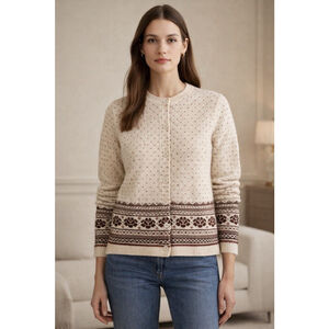 Uniqlo x Ines de la Fressange NEW Wool Blend Fair Isle Knit Cardigan Cream Red S